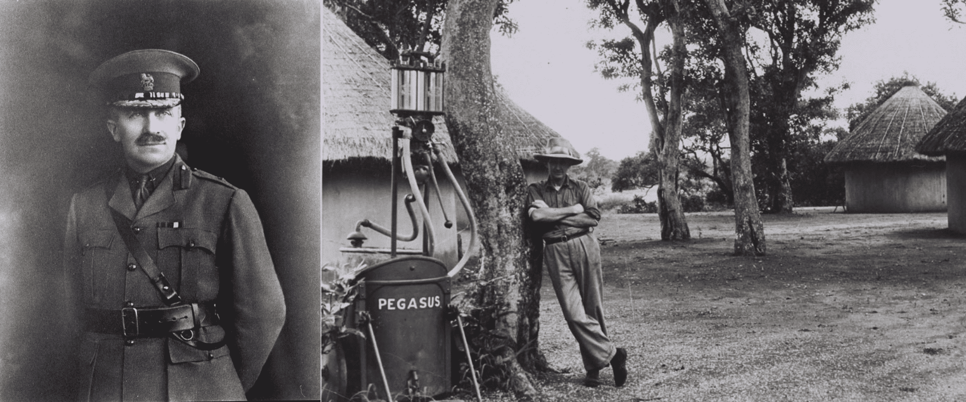 Major James Stevenson-Hamilton in Inniskilling Dragoons uniform (1914) © SANParks archives & Letaba Camp with the old huts and fuel pump in the early 1930s © SANParks archives